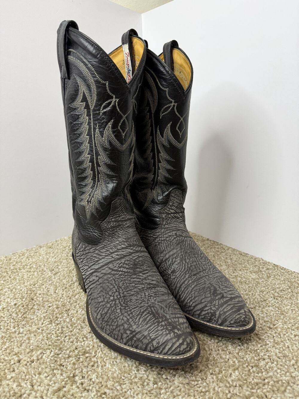 Tony Lama Shrunken Sholder Boots Mens 8.5 D Black Leather Pointed Toe 6250